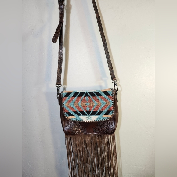 Shyanne Western Bohemian Leather Fringe Crossbody Hand Tooled Bag - Picture 2 of 9